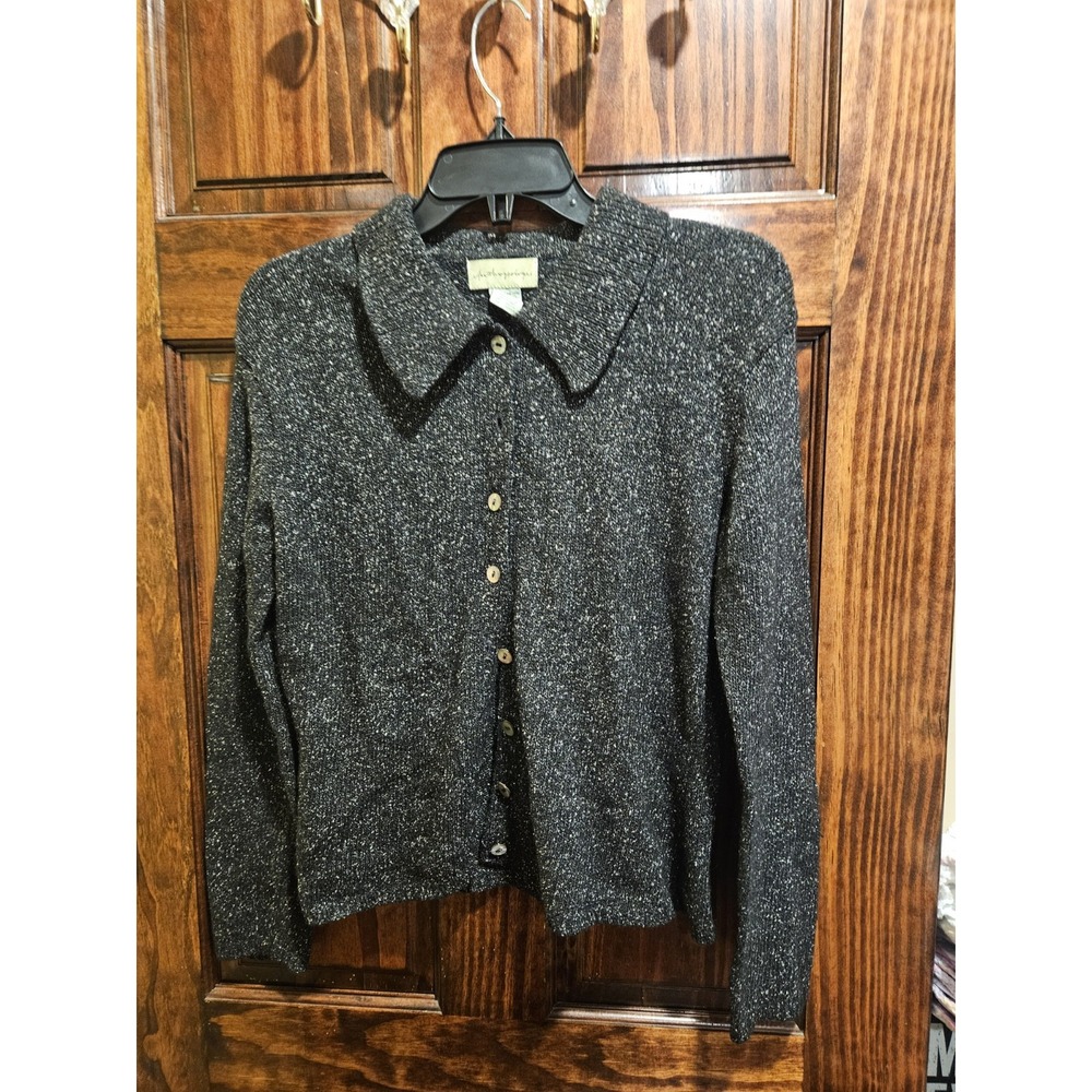 Anthropologie Women Medium Black White Speckled Silk Lambswool Cardigan Sweater